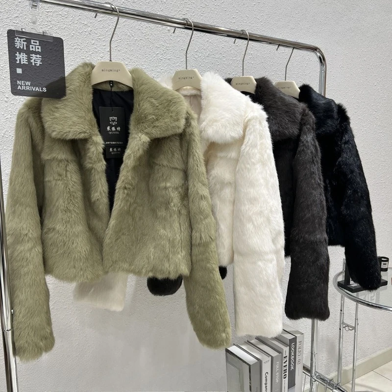 Women's Clothing Retro Rabbit Fur Full Fur One Piece Short Coats High-end Coat Autumn Winter New Real Fur Coat Long-sleeved Top