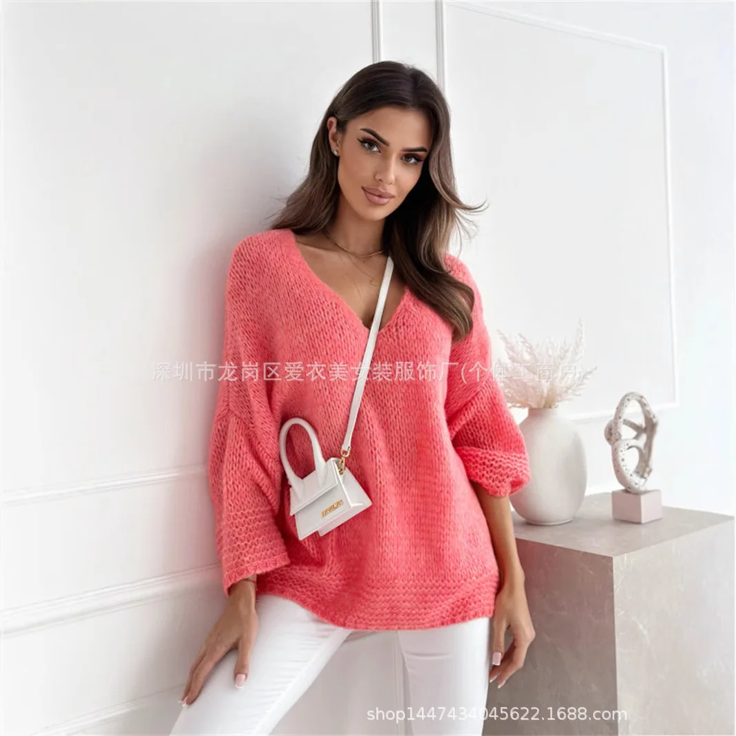 Autumn And Winter New Loose And Lazy Pullover Sweater V-neck Excellent Long-sleeved Versatile Top Women