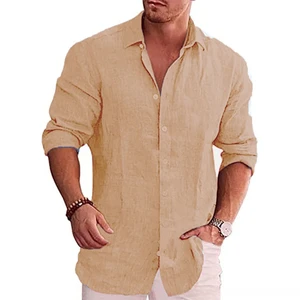 Men's long -sleeved cotton, plus size, monochrome, casual style, autumn, hot sale 6 Main Sales Men's Linen Shirt - №3