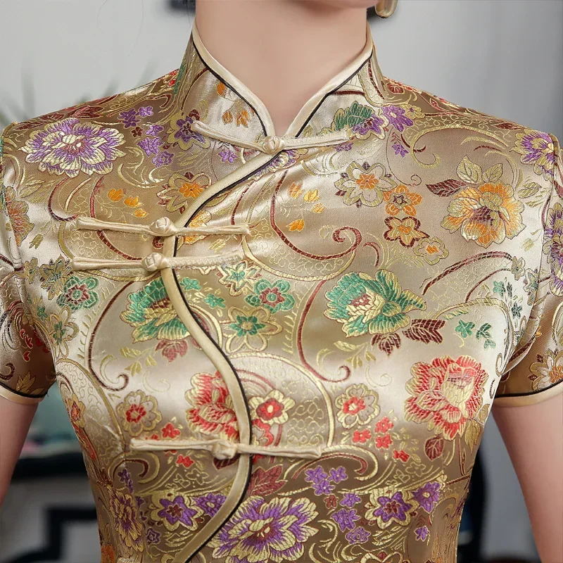 

High Quality Gold Sexy Satin Mandarin Collar National Tight Cheongsam Short Sleeve Novelty Print Long Dress S-3XL C0002