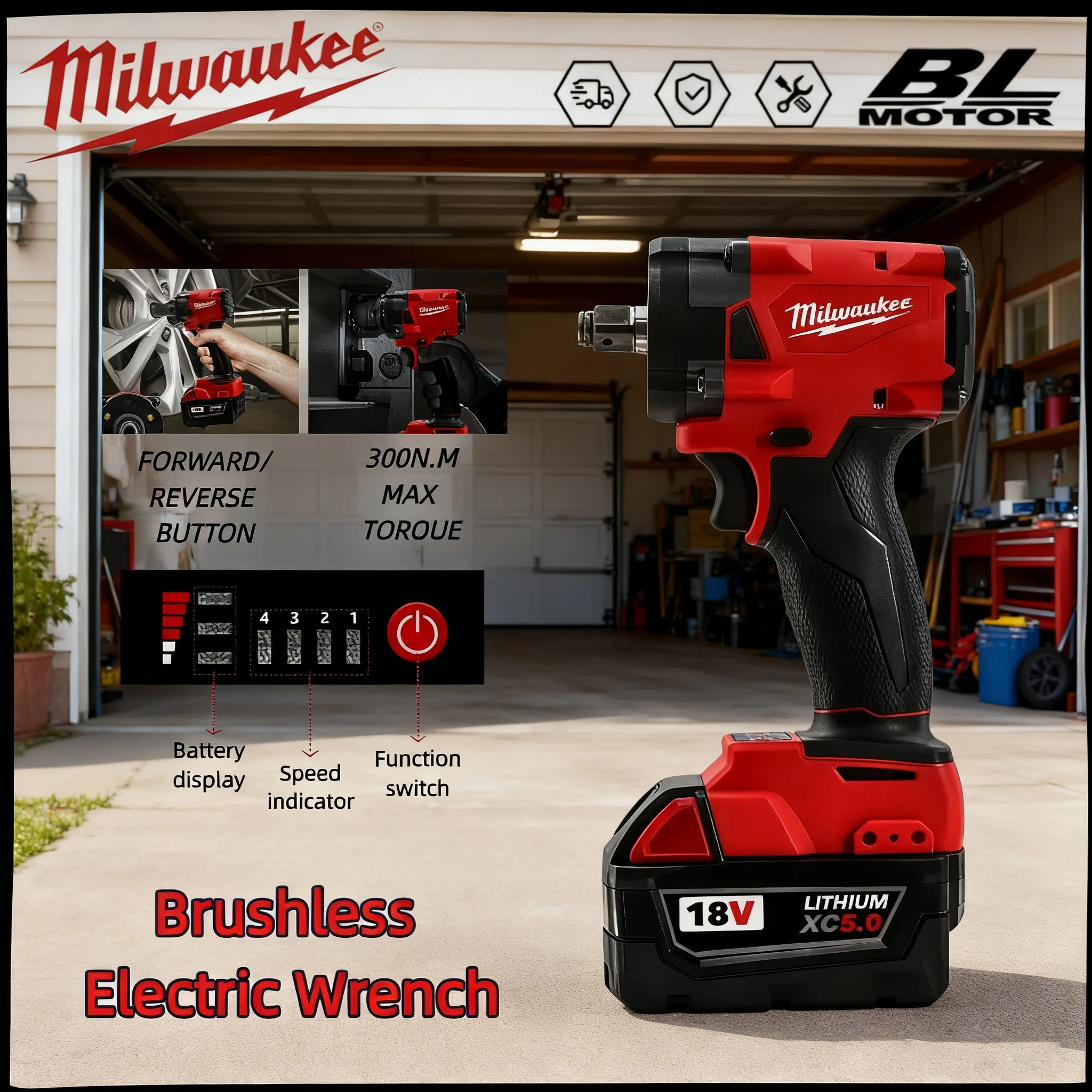 

Cordless Milwaukee Impact Wrench 1/2inch 300N.M - Brushless 4 GEARS, for construction site shelves maintenance woodworking etc.