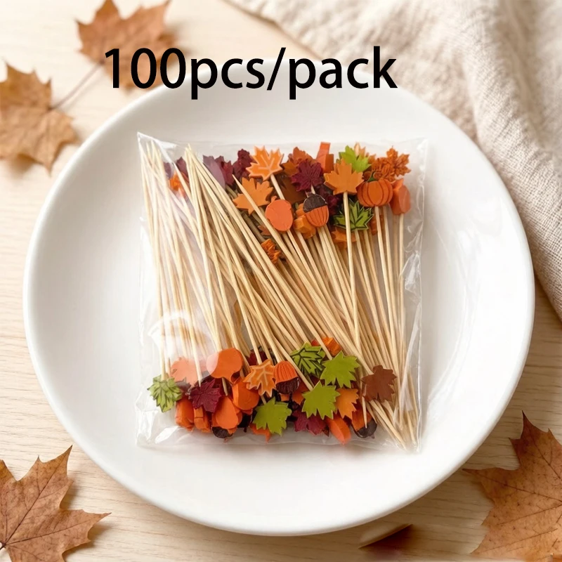 100 Halloween fruit skewers, pumpkin, maple, acorn decorations, bamboo skewers, party desserts, cocktails, fruit forks