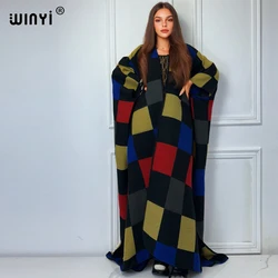 WINYI Plaid print African wonmen Winter long down cardigan maxi party dress Female abaya outwears coat Open Front Loose Kimono