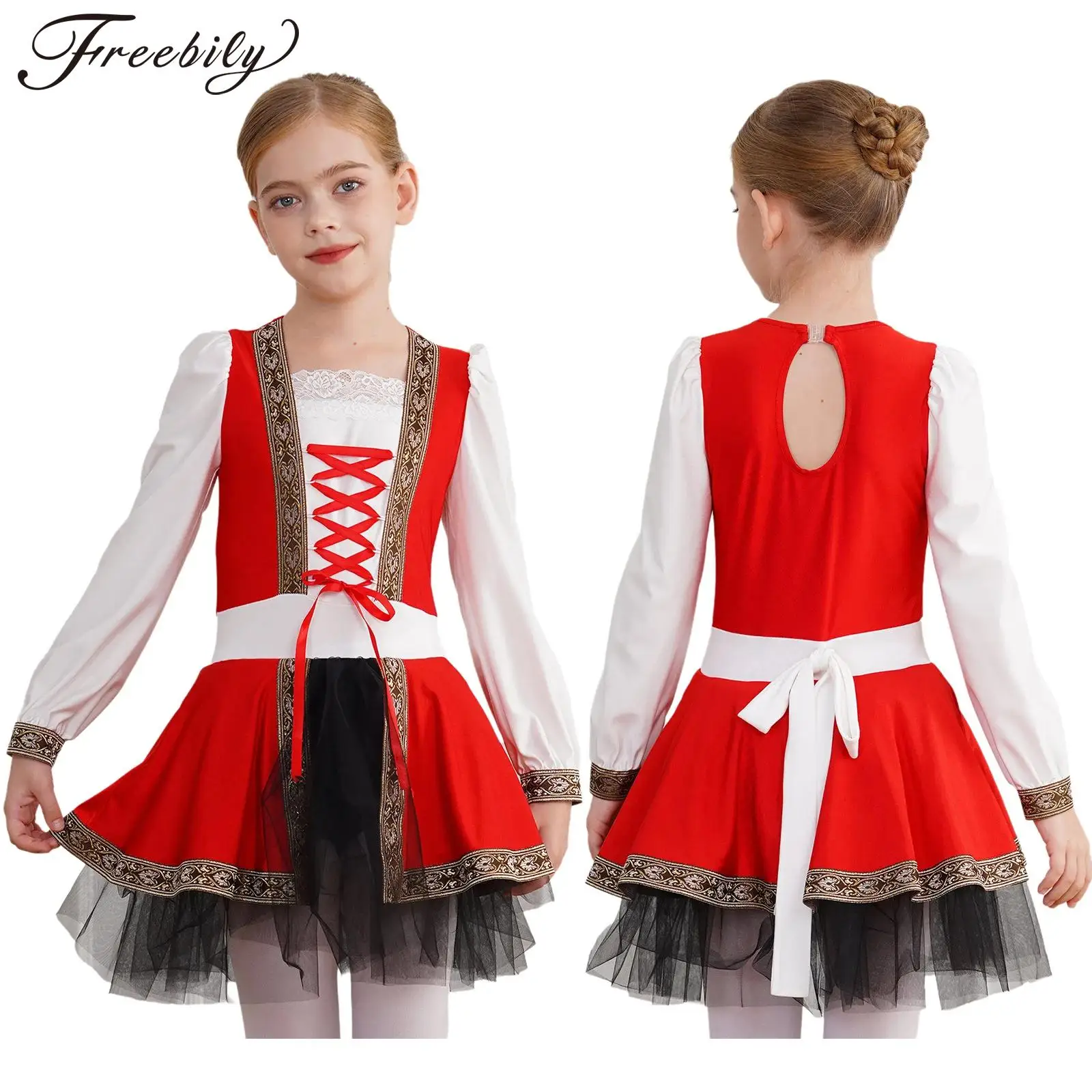 Kids Girls Halloween Medieval Renaissance Cosplay Costume Long Sleeve Lace-up Retro Tutu Princess Dress Role Play Party Bodysuit