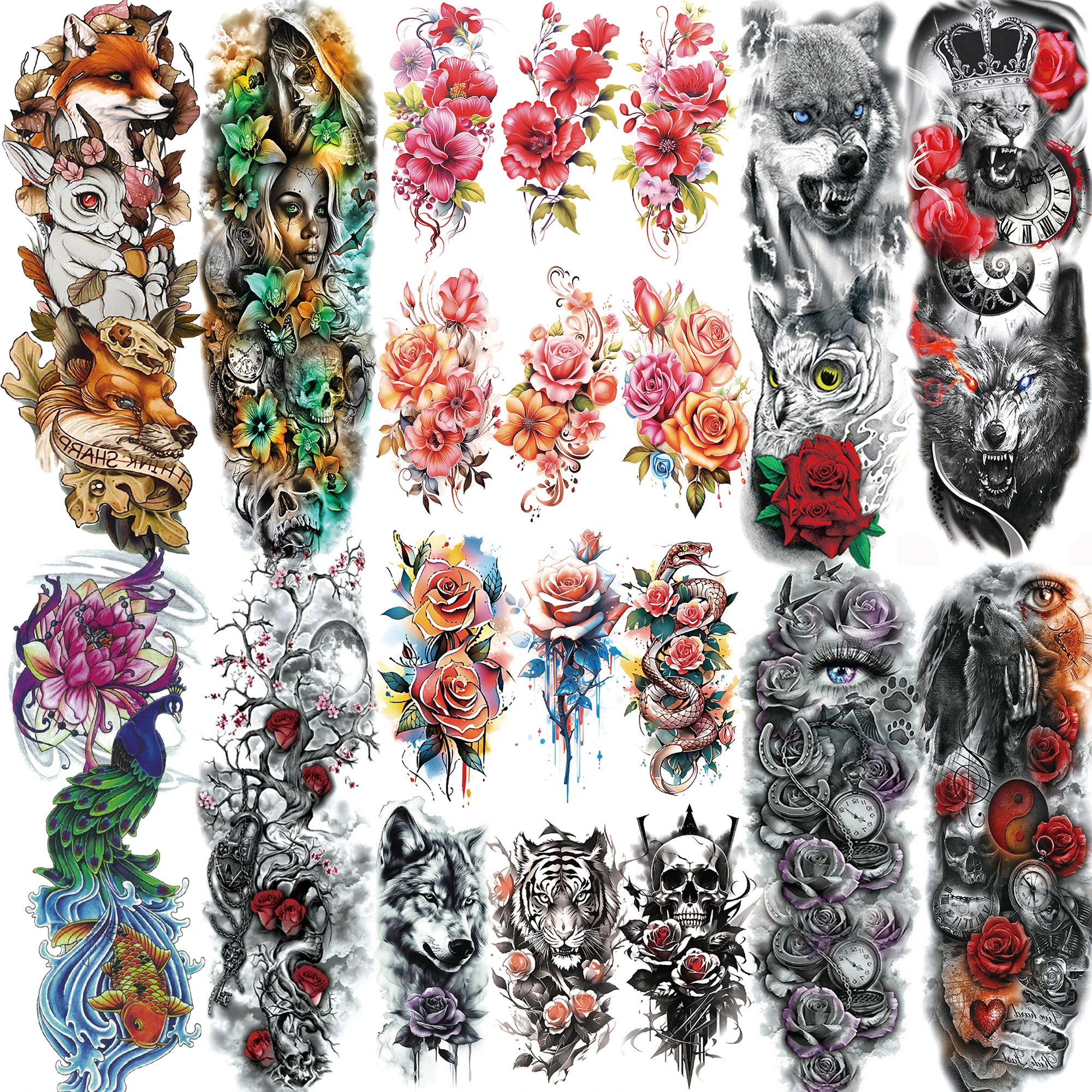 1 Sheet Flower Skull Fox Lion Wolf Peacock Temporary Tattoos For Women Girl Full Arm Sleeve Tattoo Sticker Disposable Waterproof