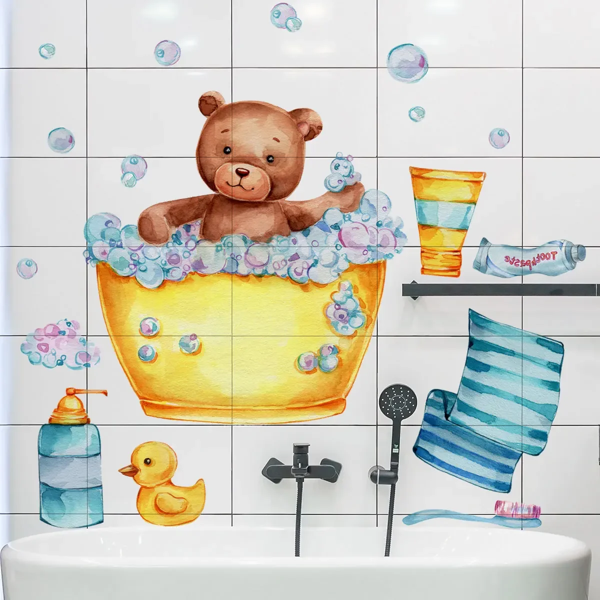 

New Bath Bear Bubble Decoration Wallpaper Background Wall Living Room Bathroom Creative Removable Wall Sticker