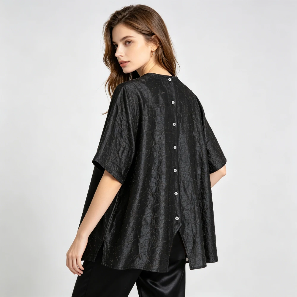 2026 Women's Fashion Summer New Design Sense 100% Natural Mulberry Silk Fragrant Cloud Yarn Round Neck Short Sleeve T-shirt