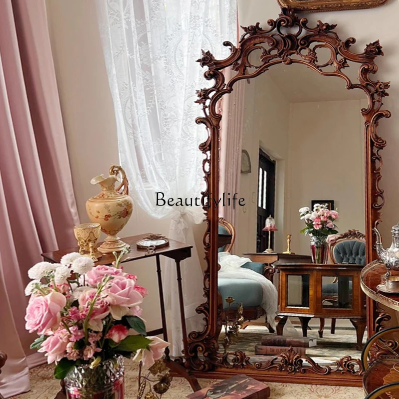 

French medieval carved full-length mirror household bedroom clothing store retro special-shaped dressing floor-to-ceiling mirror