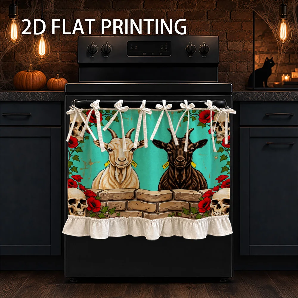 1PC kitchen stove curtain, cabinet curtain and apron. Features a 2D graphic design featuring a goat, a skull and a red rose. Use