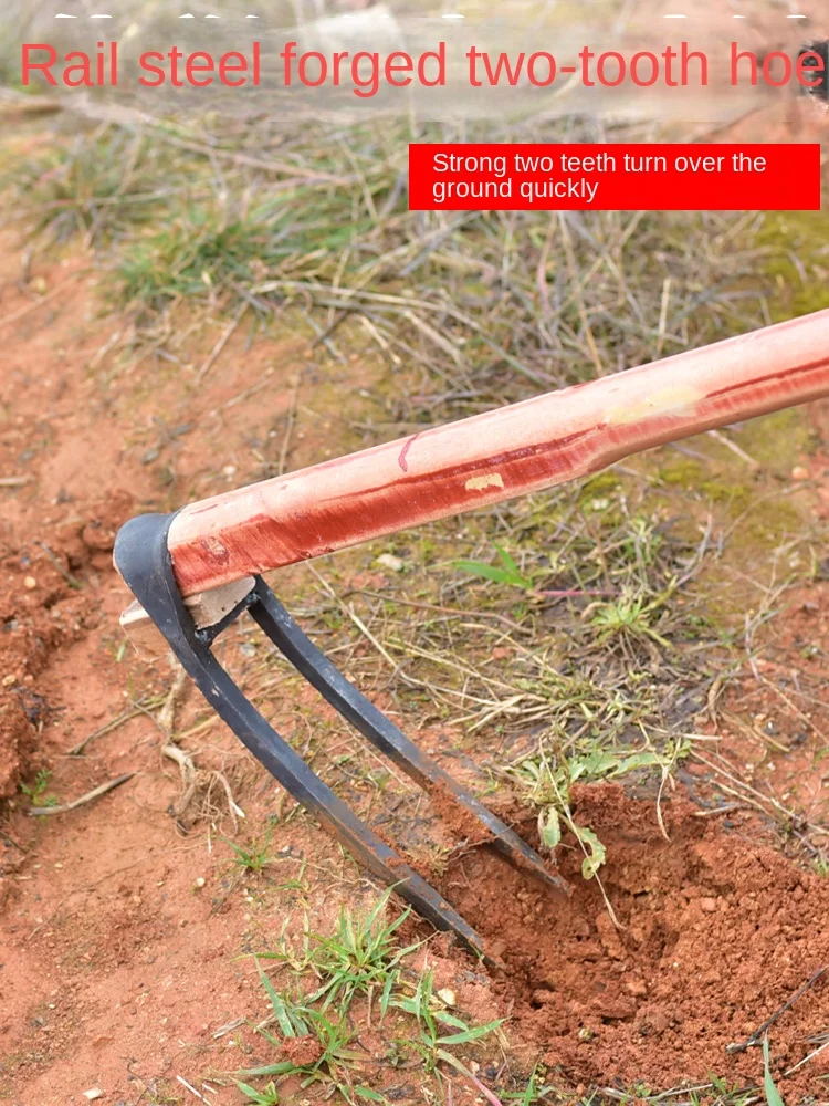 Agricultural Tools Two-Tooth Hoe Planting Vegetables Household Manganese Steel Digging Loose Soil Turning Ground Hoe Rake