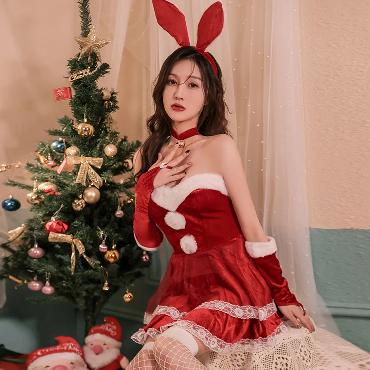 

Christmas Sexy Elk Off Shoulder Bodysuit Dress Santa Claus Reindeer Cosplay Bunny Girl Mini Skirt Costume New Year Party Clothes