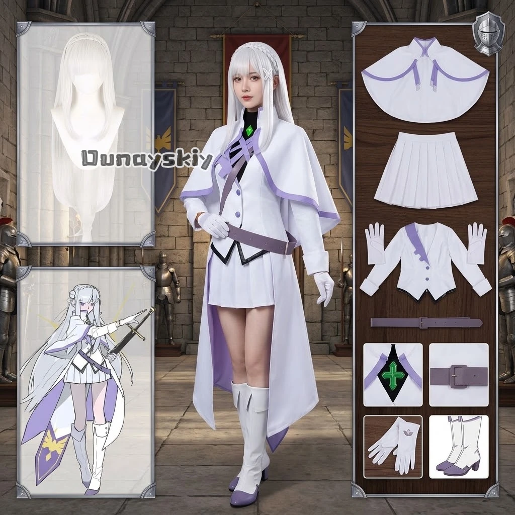 ​-​-​-​-​-Emilie-​-costume-de-cosplay-perruque-uniforme-ensemble-complet-tenue-de-chevalier-doujin-jeu-de-role-d'halloween-fete-de-carnaval-anime-re：zero-​-​