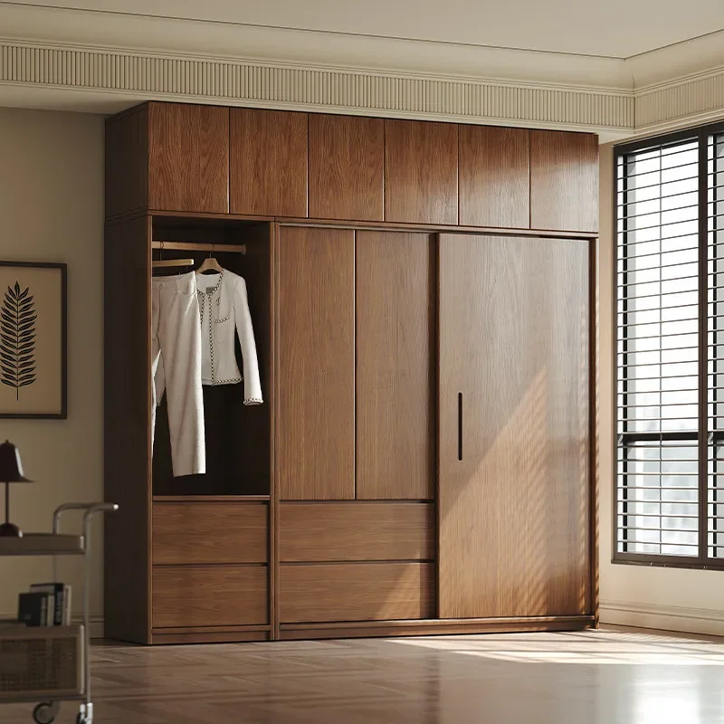 Solid wood oak sliding door wardrobe, home bedroom walnut modern minimalist wardrobe sliding door