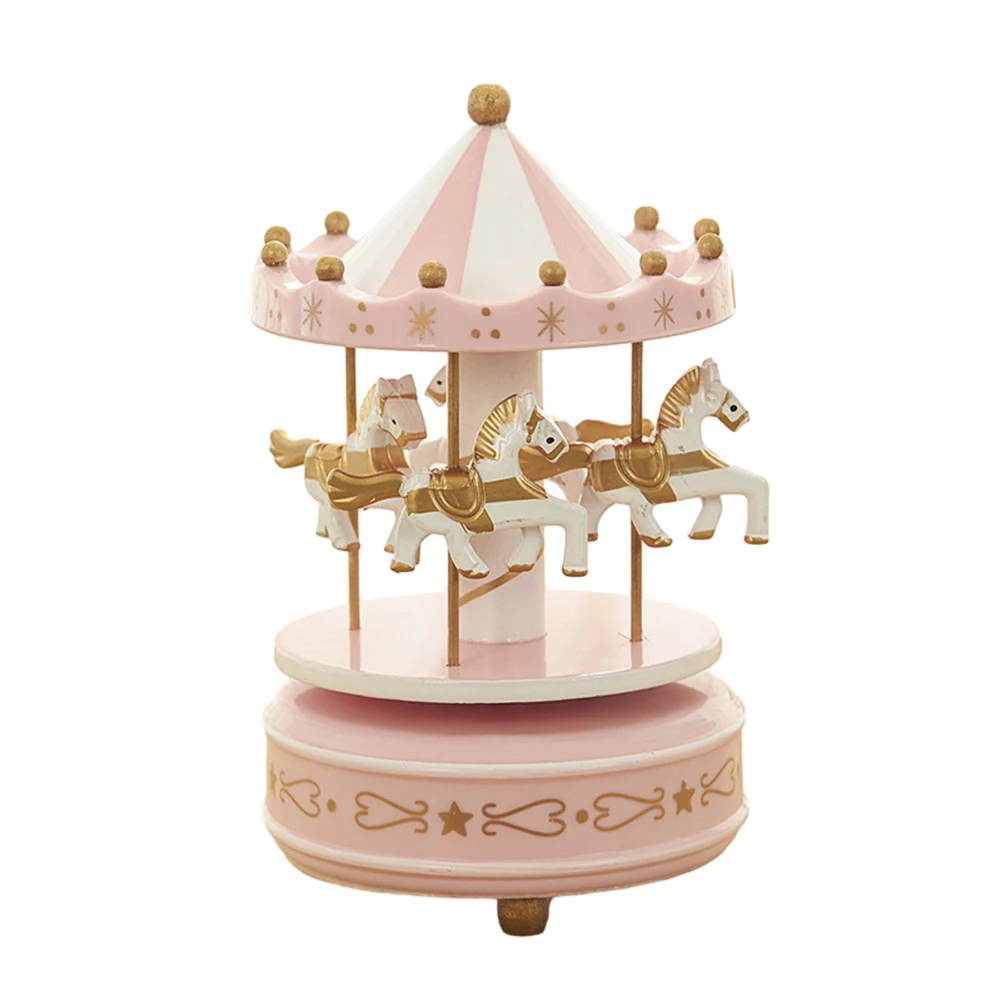 Traditional Nostalgic Vintage Pink Wooden Merry Go Round Horse Music Box Lightweight and Portable Pleasant Atmosphere