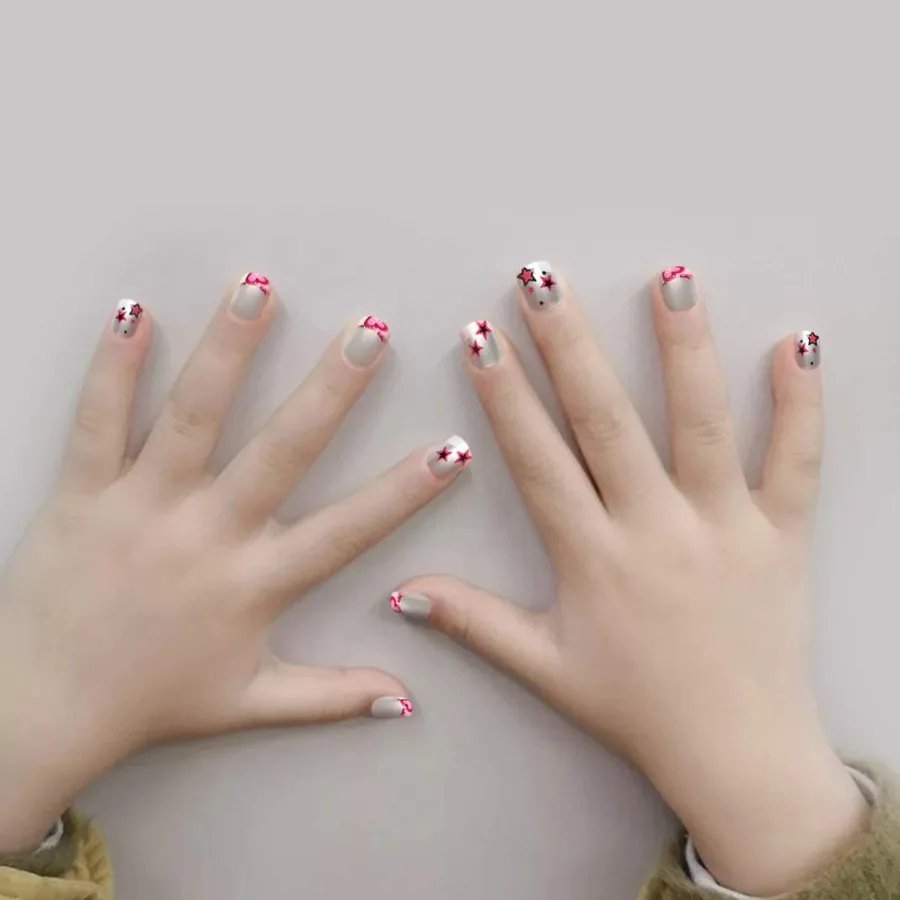 120pcs 5 Pack French Nails Press on Preglue Full Cover Short French False Nail Kits for ' Nail Art Decoration with Flower Desig