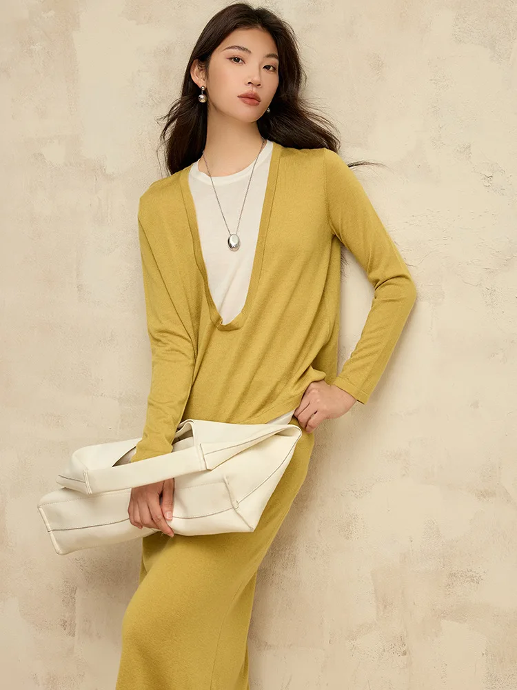 Jesienny sweter wełniany z efektem dwuczęściowego stroju, z dekoltem w kształcie litery U, damski, blokowy, luźny, z długim rękawem, dzianinowy pulower.