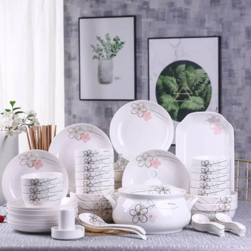 Jingdezhen-Ceramic Bowl and Dish Set, Simple Creative Noodle Soup Bowl and Plate Combination, Household Eating Tableware, 66 Pcs