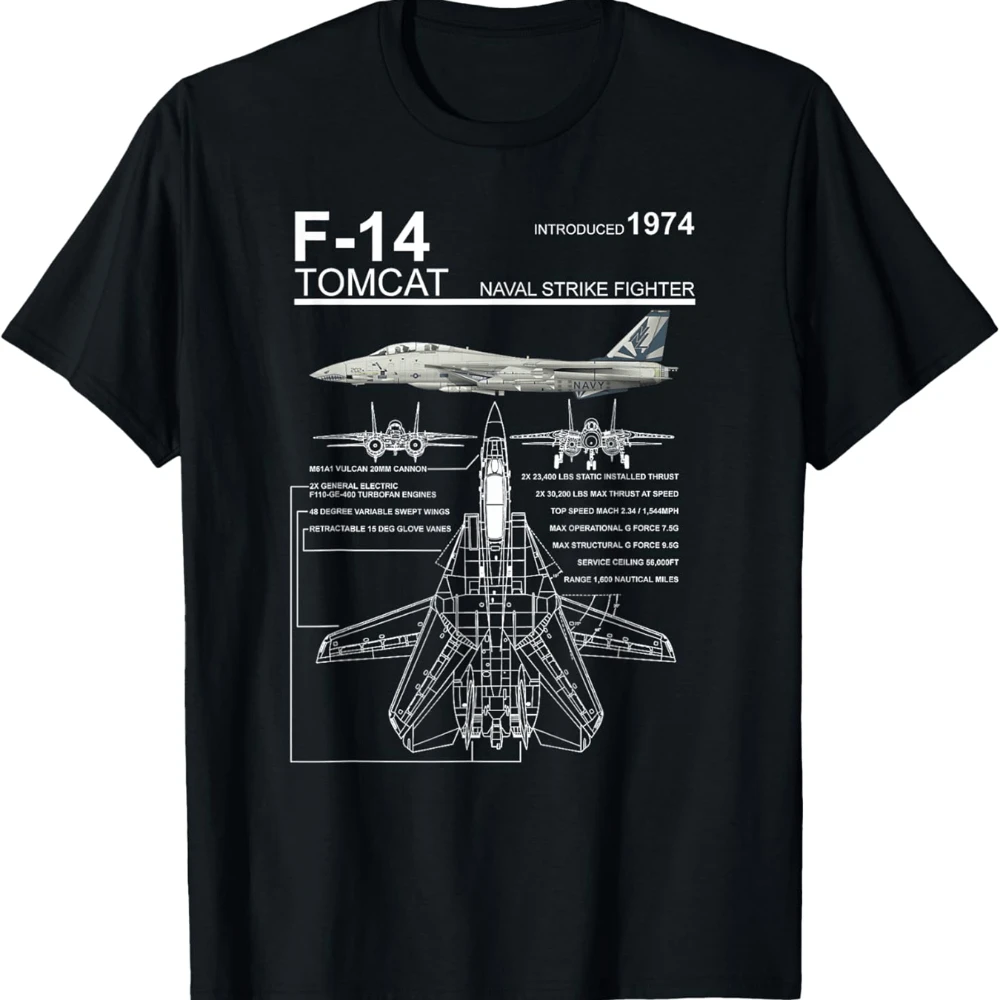Men's F-14 Tomcat Fighter Jet Blueprint T-Shirt Aviation Enthusiast Tee with Technical Schematics Soft Breathable H-Fit