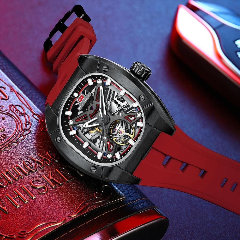 Square Tonneau Racing Sport Winding Automatic Mechanical Watch Front Case Back Skeleton Waterproof Gift MINI FOCUS MF0618G