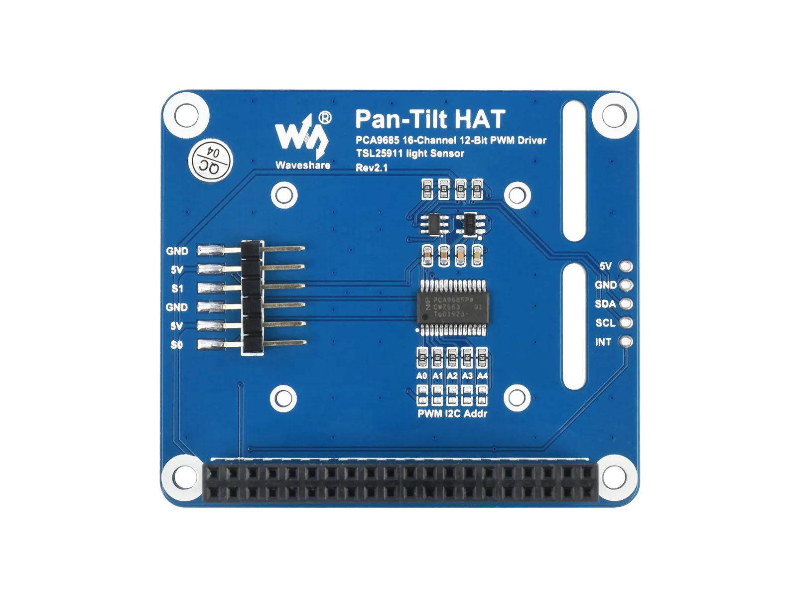 Waveshare 2-DOF Pan-Tilt HAT for Raspberry Pi Light Intensity Sensing I2C Interface PCA9685 PWM chip TSL2581 light sensor