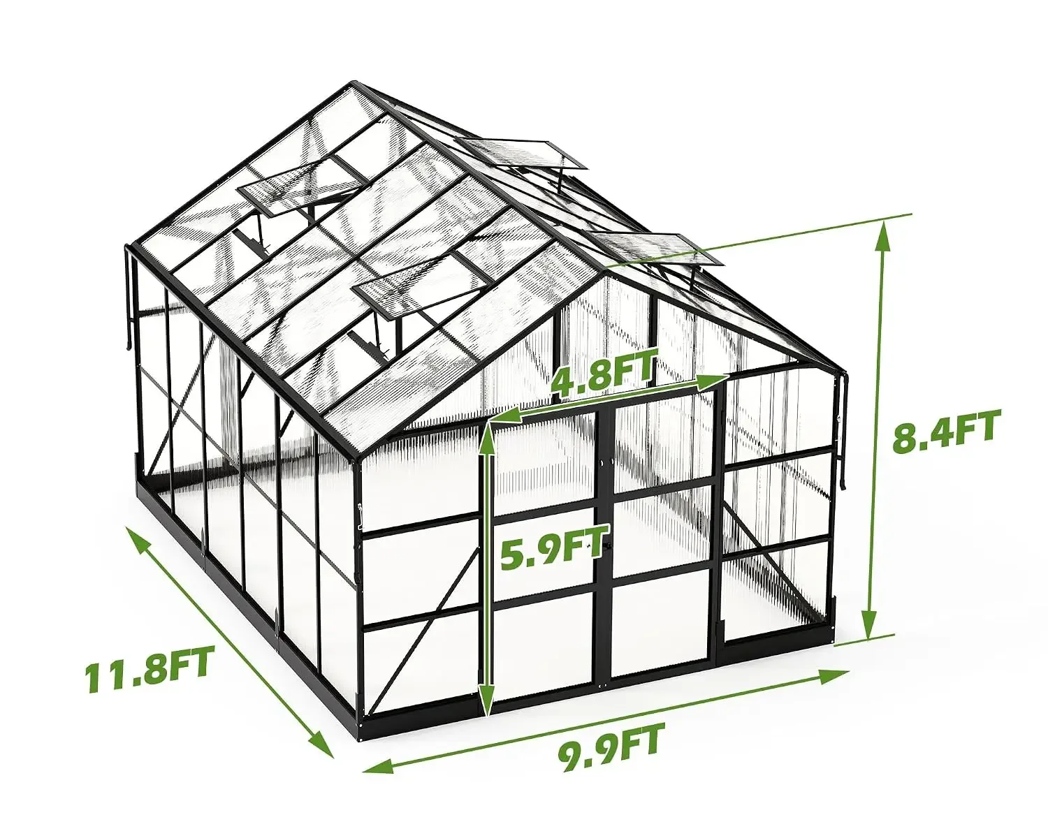 10x12 FT Polycarbonate Greenhouse with 4 Roof Vents, Customized