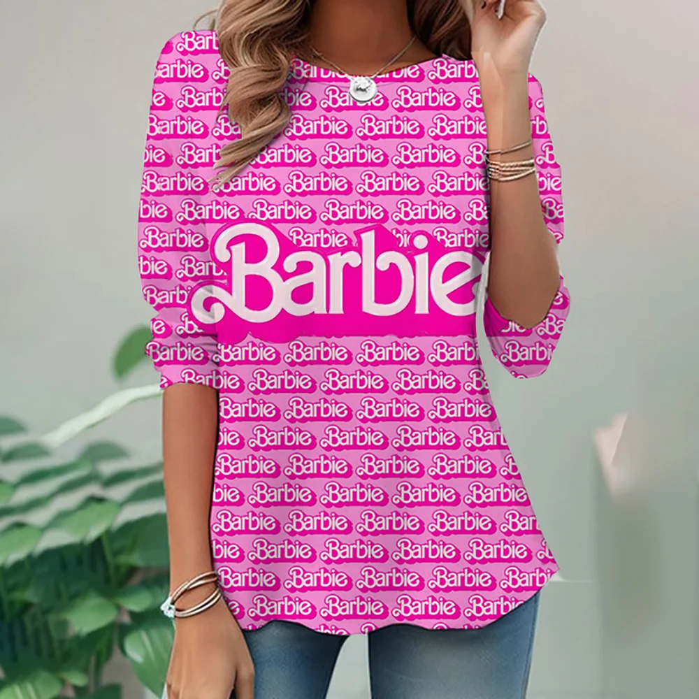 Plus size casual T-shirt for women, plus size T-shirt, Barbie princess printed long sleeved round neck micro elastic long