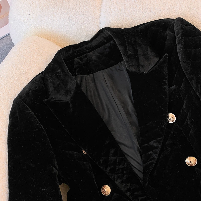 Real Shot Golden Velvet Diamond Pattern Cotton Jacket Women\'s Korean 2023 Autumn/Winter New Slim Fit Padded Suit Jacket Trendy