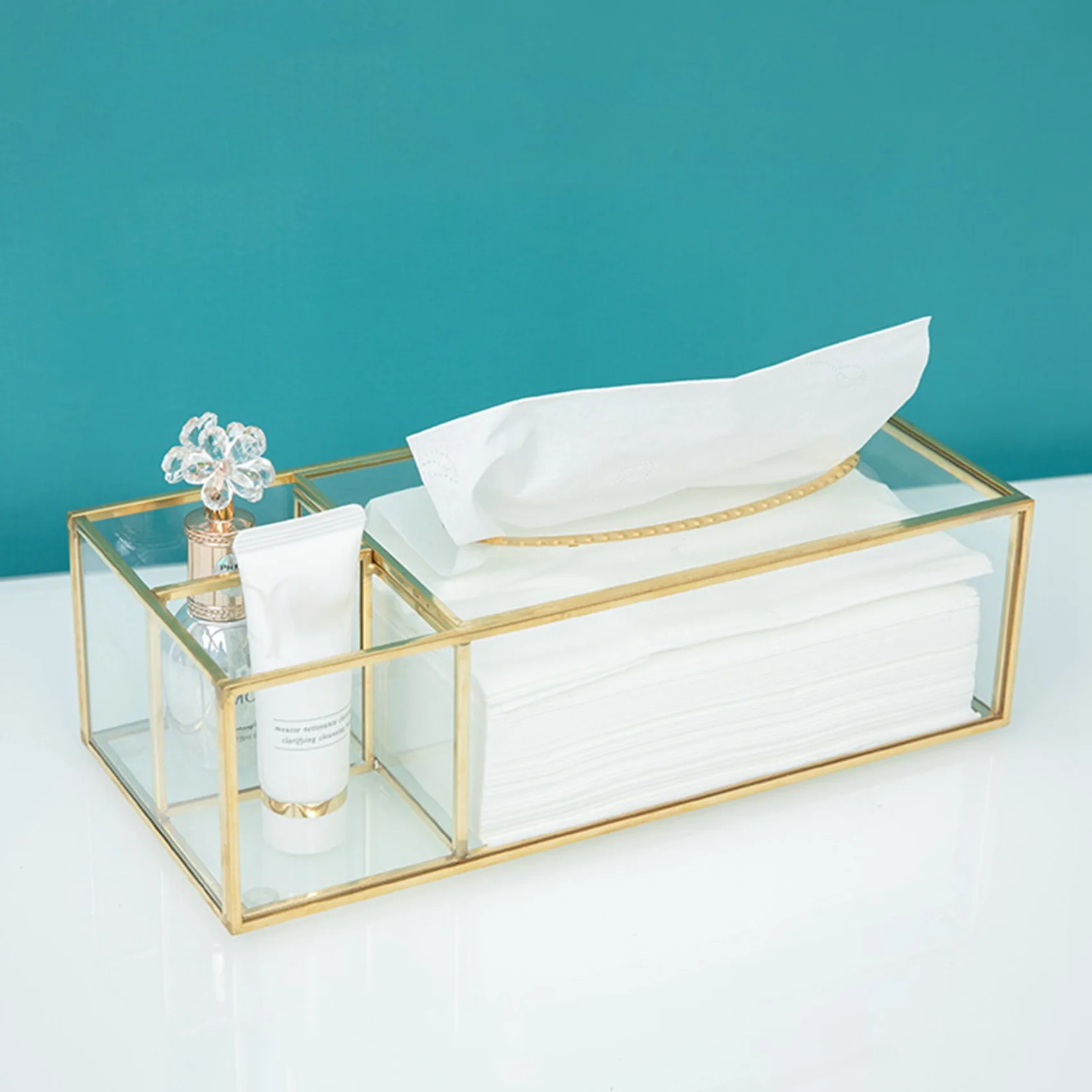 

ABWP-Gold Tissue Box Rectangular Clear Glass Paper Tissue Box For Home Tissue Dispenser Geometric Glass Tissue Box