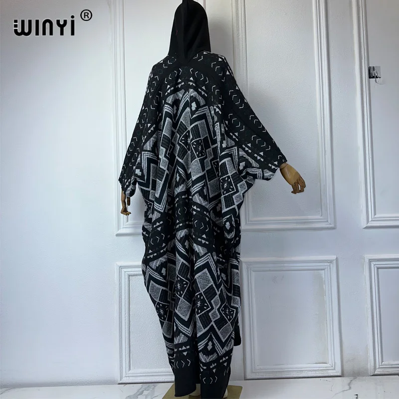 WINYI-cárdigan africano con estampado a cuadros para mujer, abrigo largo con capucha abaya para Otoño e Invierno