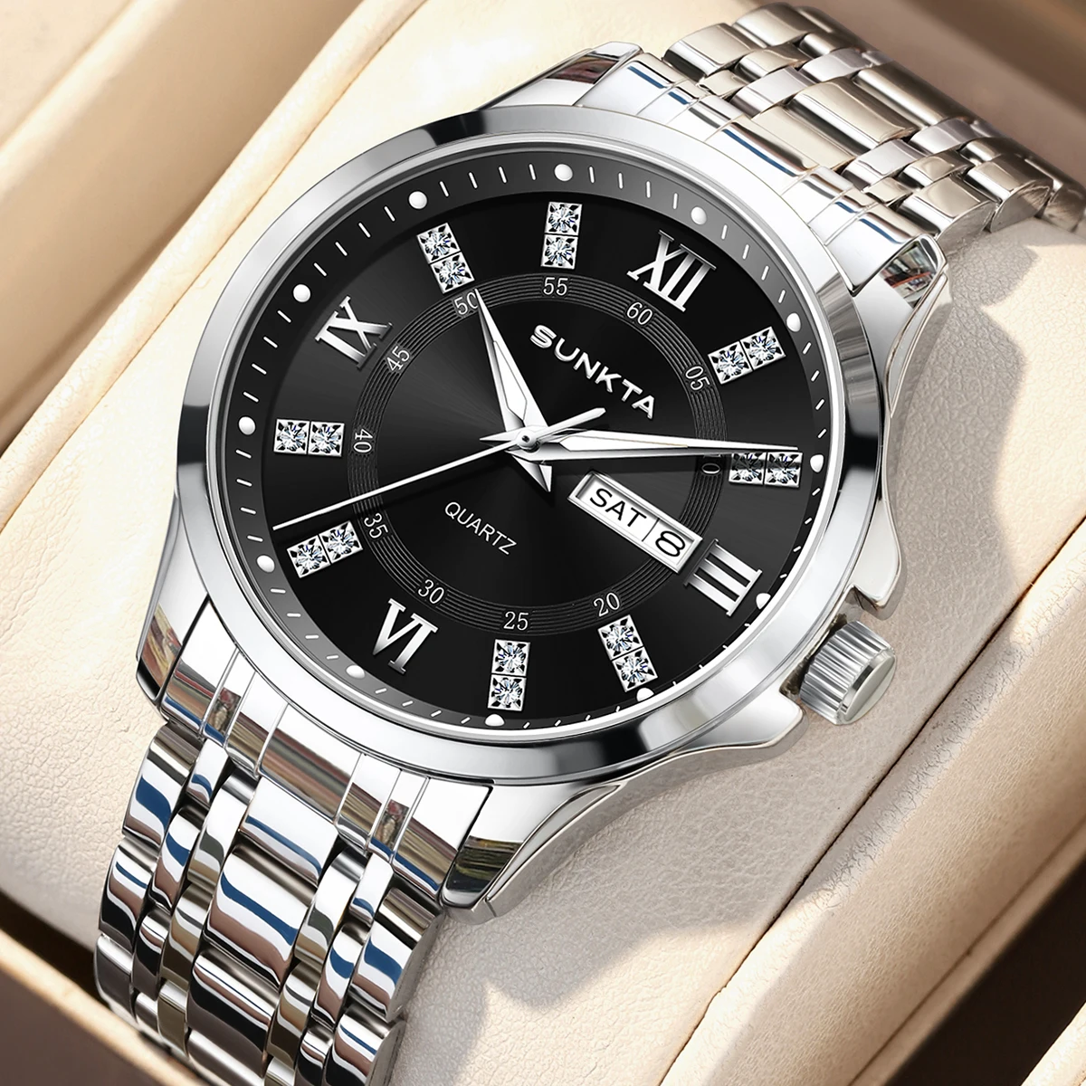 SUNKTA 2026 Herrenuhr mit Datumsanzeige, Leuchtzeigern, wasserdicht, Quarz-Armbanduhr, modische Uhr, Geschenk für Männer, Uhr + Box