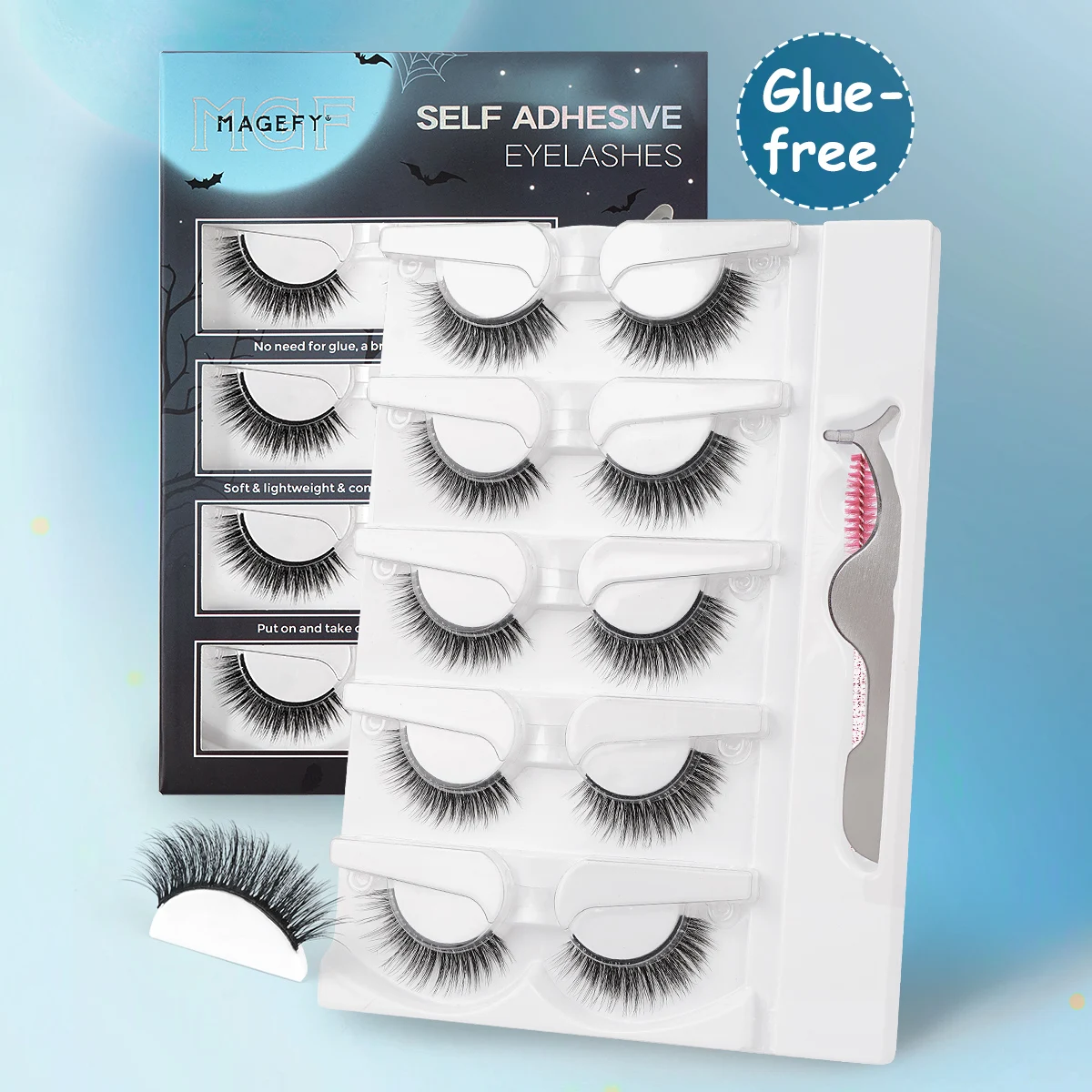 MAGEFY Fake Eyelashes Glue Free 5 Pairs Manga Lashes with Tweezers Mascara Brush Soft Natural Cat Eye Lashes Extension Beauty