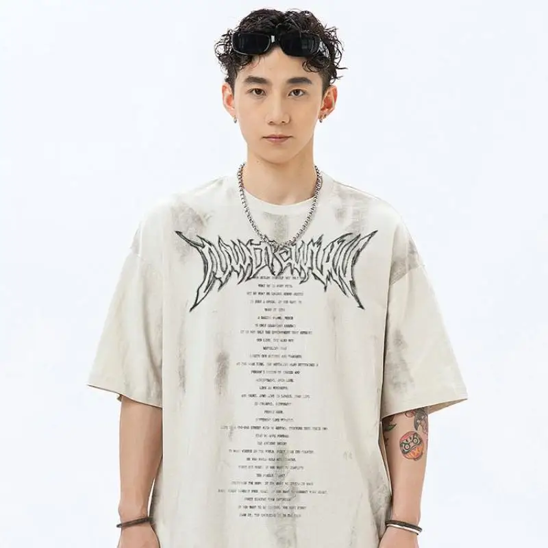 Hand-painted Printed Pure Cotton T-shirt For Men's 2024 Summer Casual Short Sleeved Distressed And Brushed Vintage T-shirt