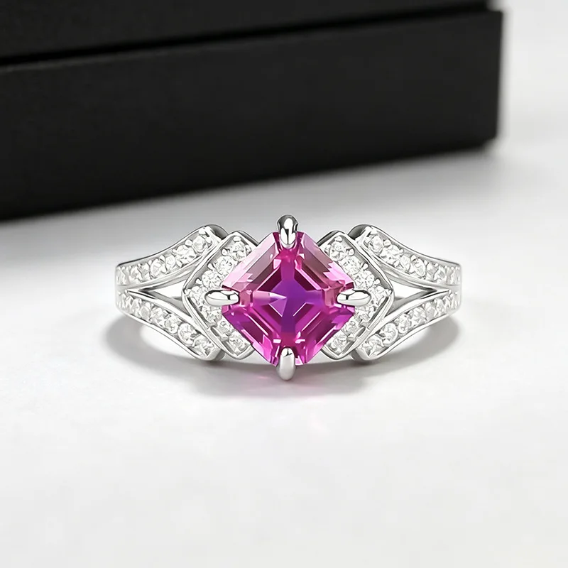 S925 Silver Ring 6x6mm Square Cut Fuchsia Cultured Gemstone, Split Band with Paved Inlay, Elegant Cocktail Ring Fine Jewelry