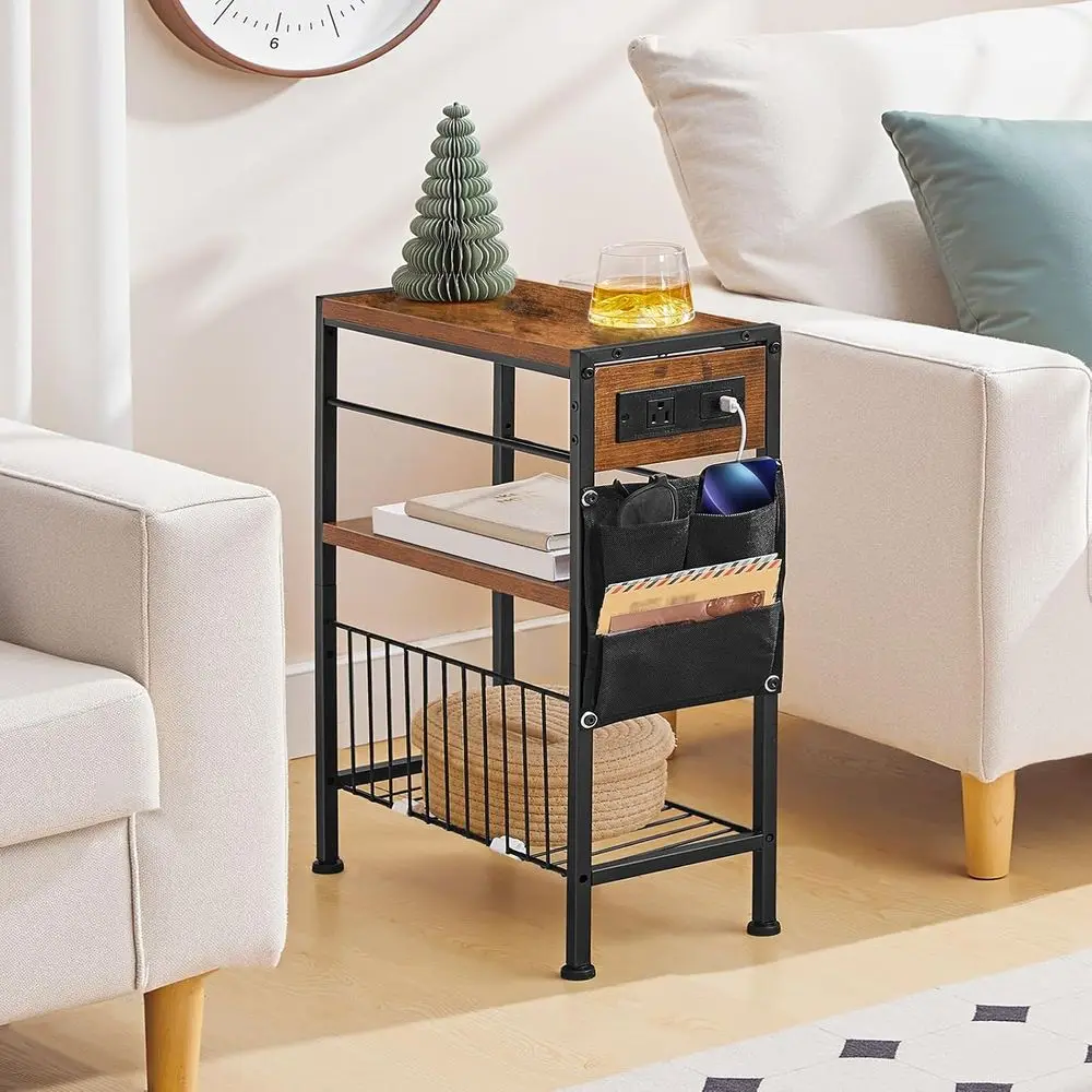 End Table with Charging Station, Small Side Table with Magazine Holder, Nightstand Bede Table, 3-Tier Storage Shel or Small Spac