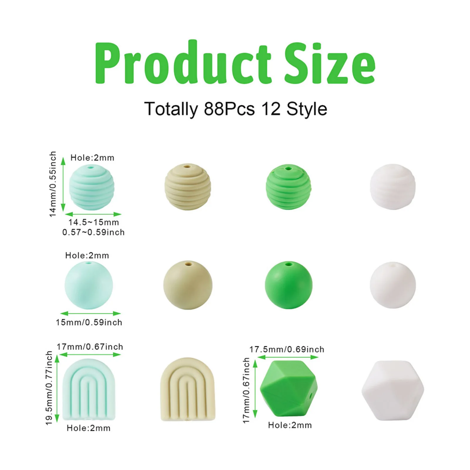 88Pcs Green Mix Spiral Round Hexagon Rainbow Shape Silicone Loose Beads for DIY Nursing Necklaces Bracelets Keychain Making Gift