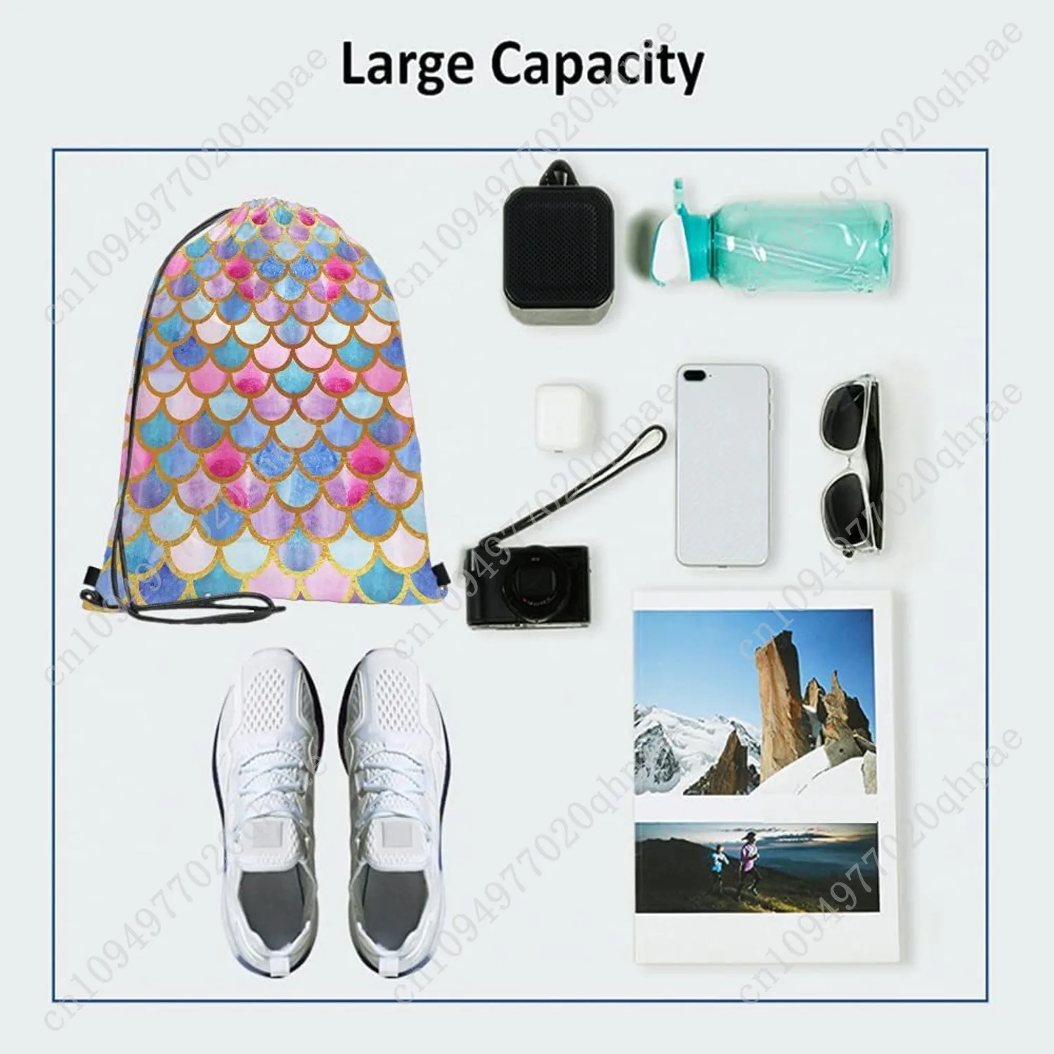 Bolsas con cordón de escamas de sirena, mochila, bolsa de acuarela, Animal, pez, patrón de cuento de sirena, diseño moderno, bolsa deportiva para gimnasio con cordón