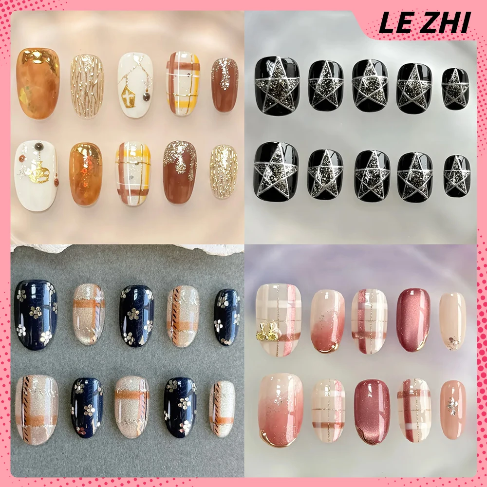 

Fashion Lovely Colorful Handmade Short Square Ellipse Fake Nails Flowers Bowknot Shining Cat Eyes Diamond Sequins Press On Nails