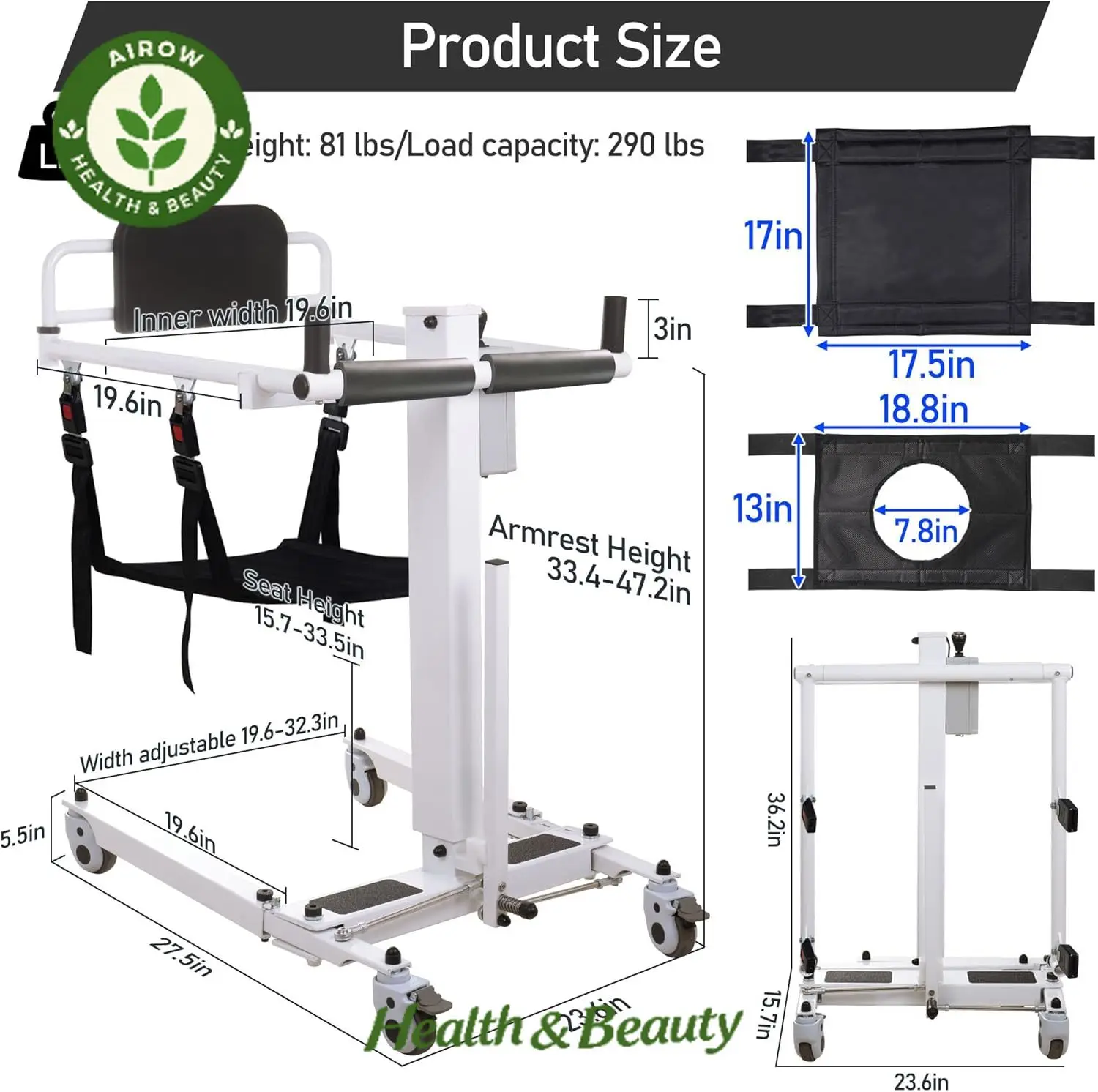 AIROW Electric Mobile Lift Wheelchair Transfer Hoist with Dual Sling 150kg Capacity Adjustable & Foldable for Disabled to Car