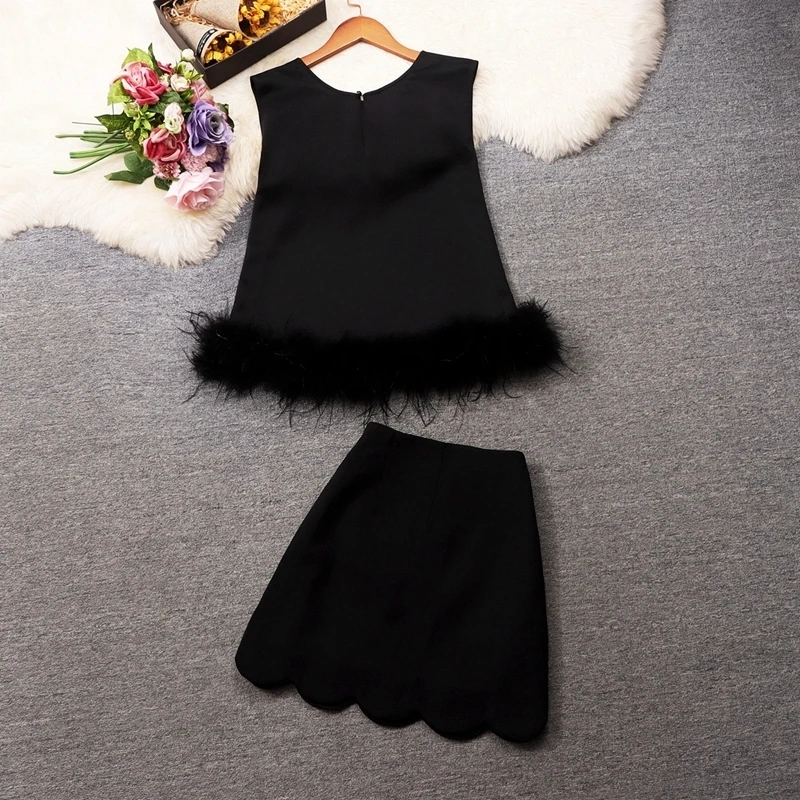 Feather fringed sleeveless top beaded wavy edge short skirt stylish two-piece set women's clothing