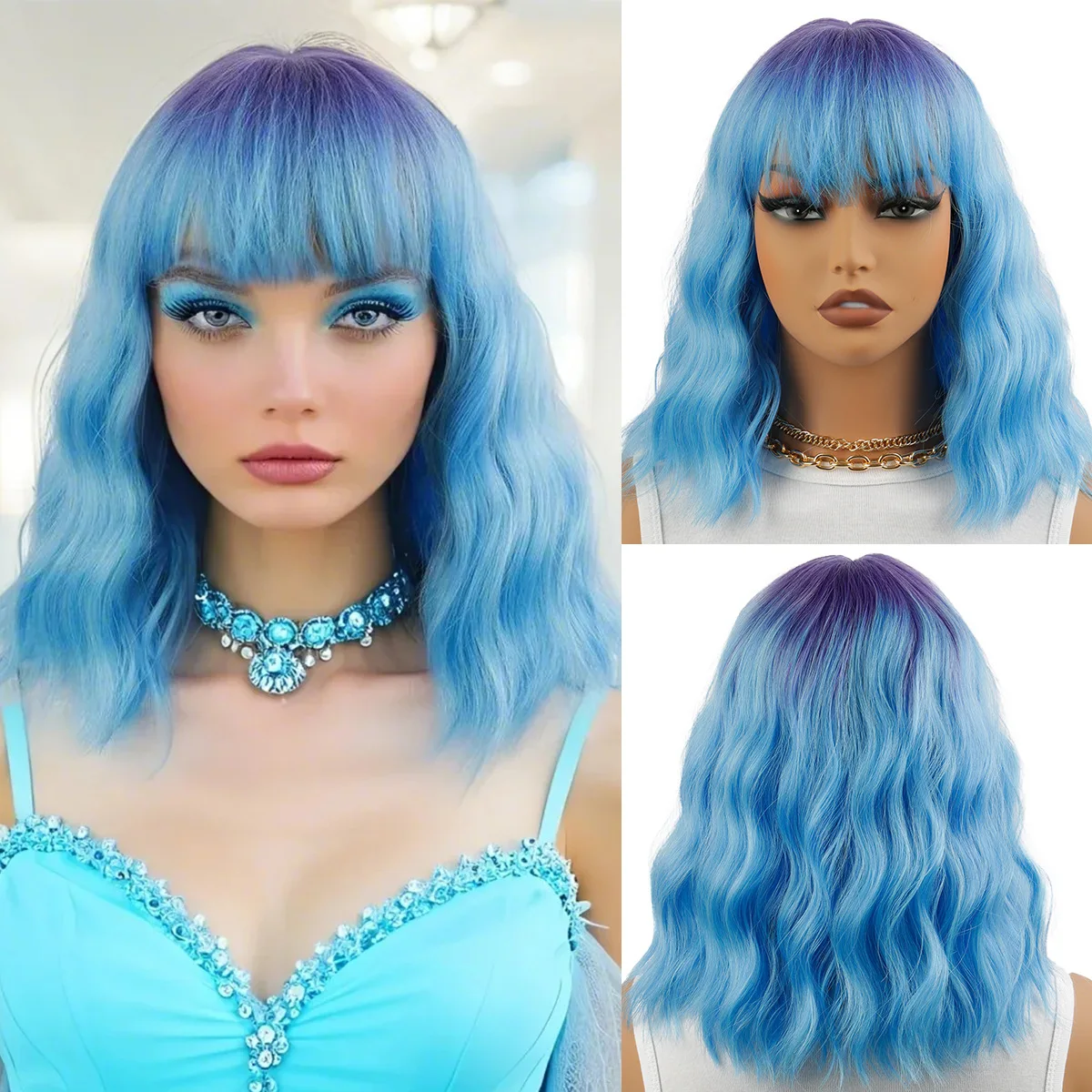 

Short Wavy Bob Wig With Bangs for Women 12 Inch Curly Wave Blue Wig Synthetic High Temperature Fibre Daily Cosplay Party Used