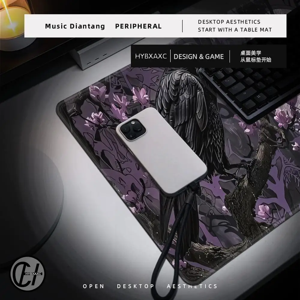 Gothic Raven Moonlit Night Mauspad, Faser, Blumenmuster, schwarzer Zweig, Büro, mystisches Schreibtischzubehör, erweitertes Pad, großes 100 x 50 Mousepad