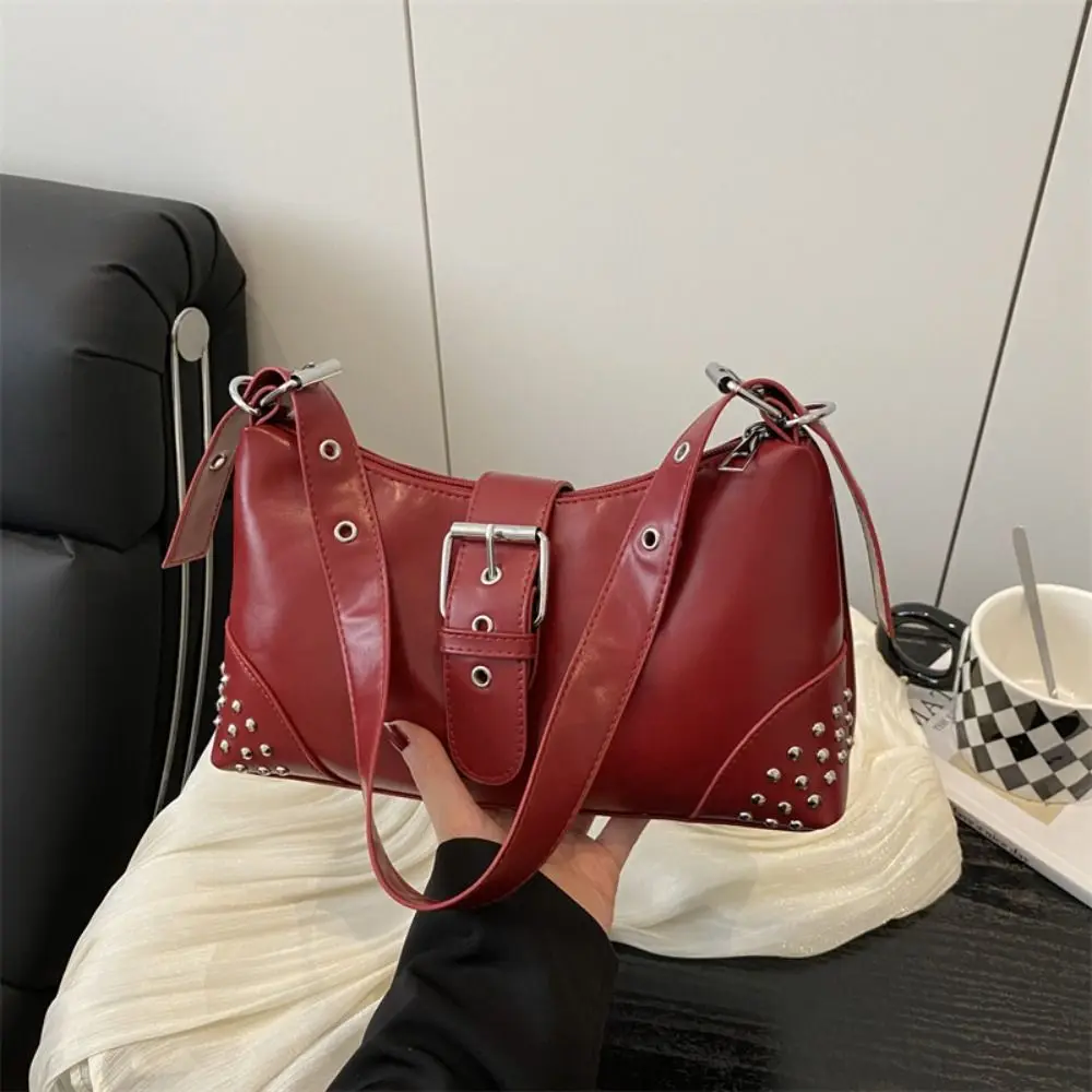 

Retro Designer Buckle Armpit Bag Y2k Vintage Rivet Shoulder Bag Pu Leather Gothic Spicy Girl Handbag Female