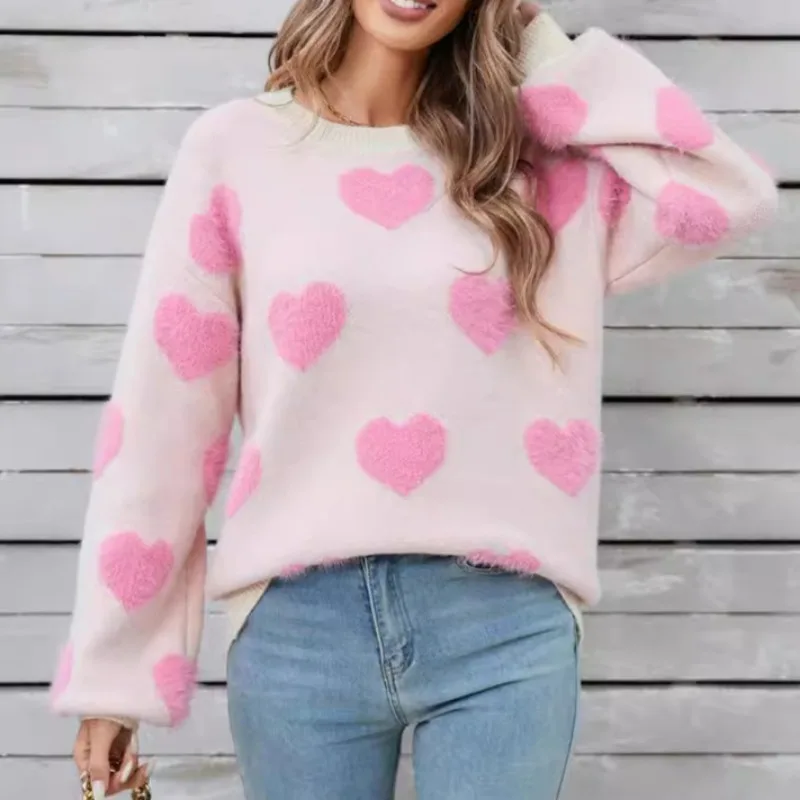 Love\'s Knit Sweaters Pullovers Winter Women\'s Tops New Valentine\'s Day Love Casual Loose O-neck Full Lantern Warm Thick Sweater