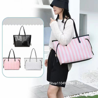 Pink Striped Tote Bag Women's Large Capacity Fashion Shoulder Bag Travel Portable Shopping Bag Casual Canvas Bag Handbag