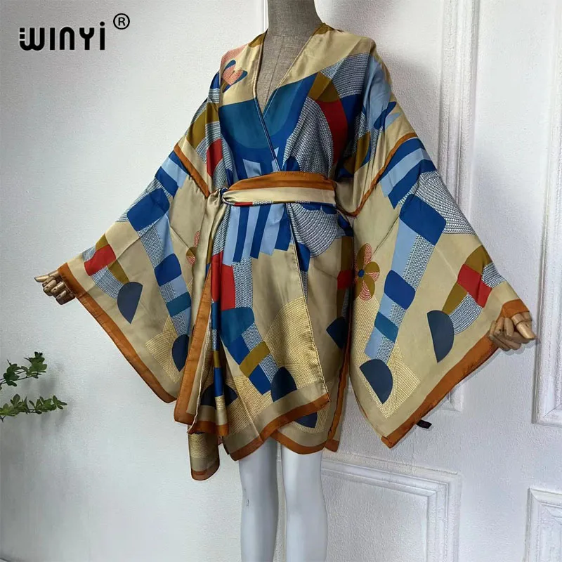 WINYI Kimono letnia odzież plażowa damska 2024 kardigan Boho Maxi afrykańska wakacyjna z długim rękawem jedwabna sukienka okrycie plażowe