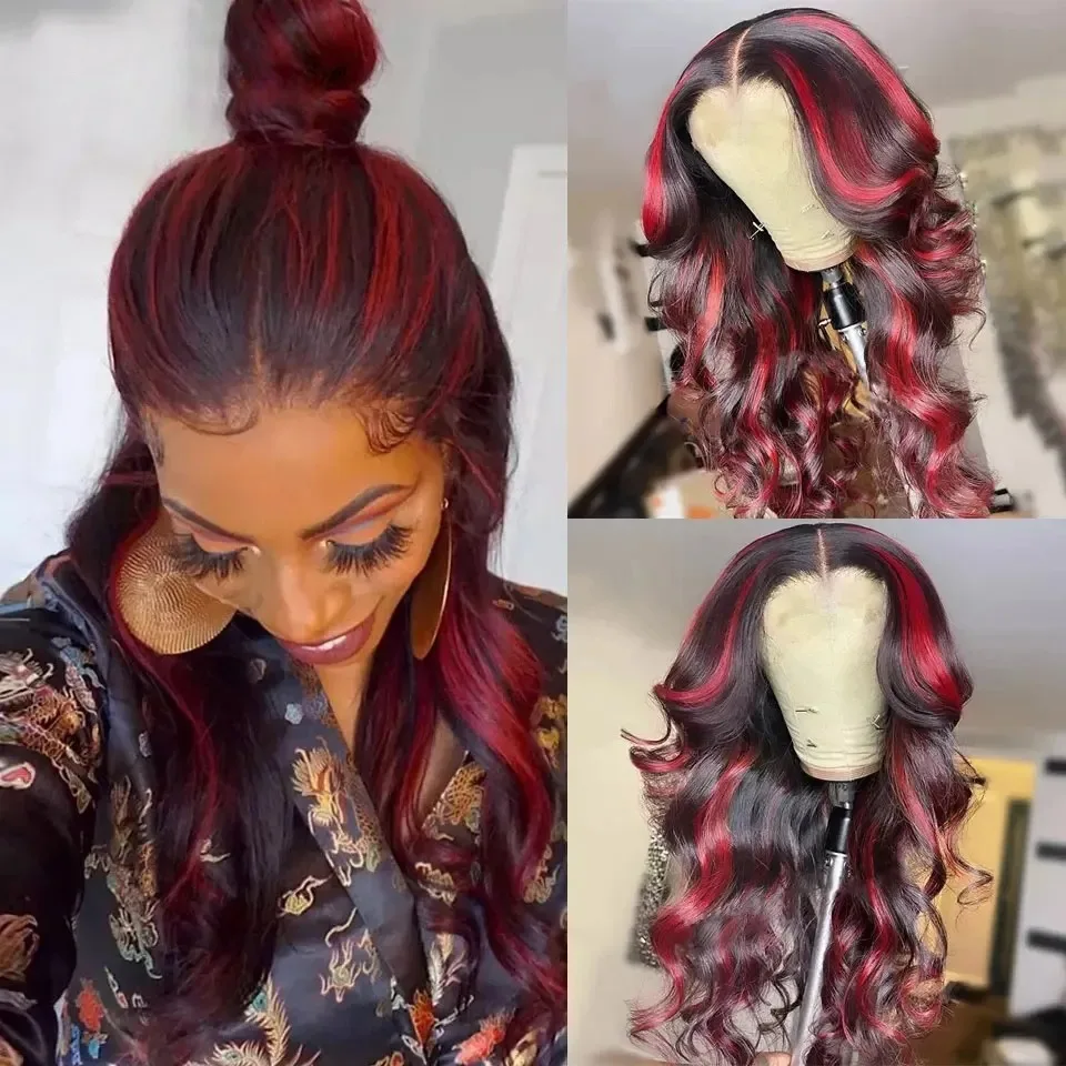 

Черный парик с красными мелированиями, длинные волны, кружевная передняя часть 13x4, HD-кружево, синтетический, высокое качество, предварительно выщипанный, свободная линия роста, для повседневного использования и косплея