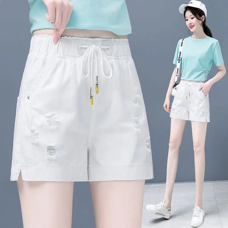 

White Denim Short Shorts Women Summer New Loose Waist Outdoor Wear Hole Match All Thin Wide Leg Hot Pants Casual High Waist