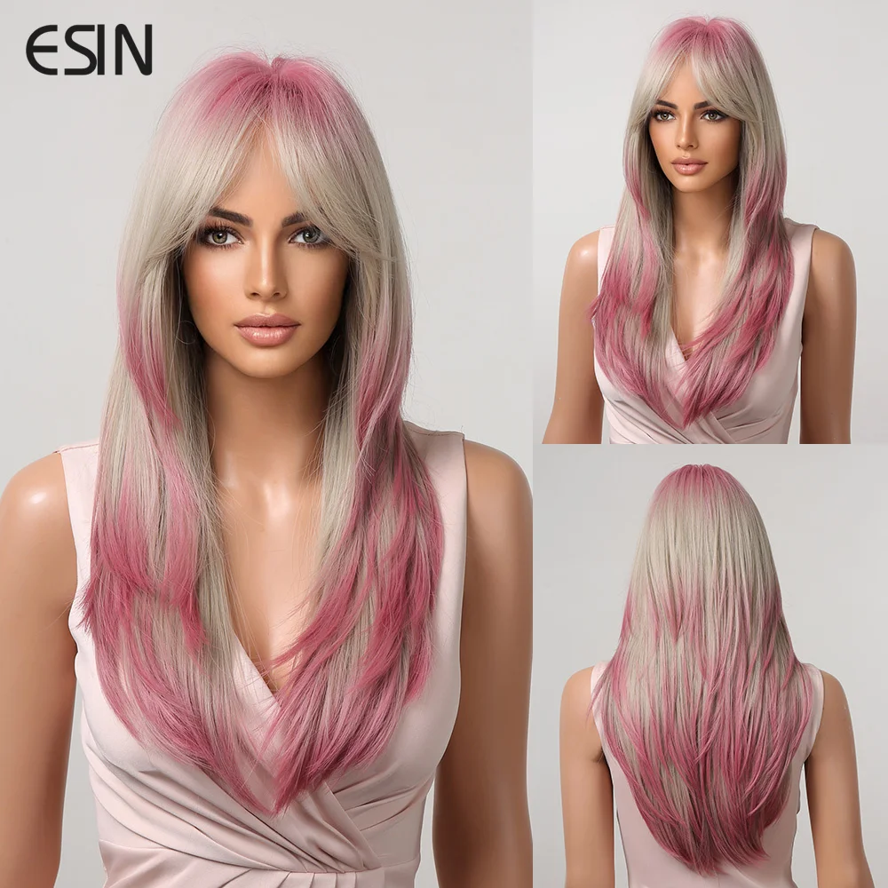 ESIN Synthetic Wig Medium Mixed Brown and Purple Color Wigs for Women Ombre Layered Hair with Dark Roots