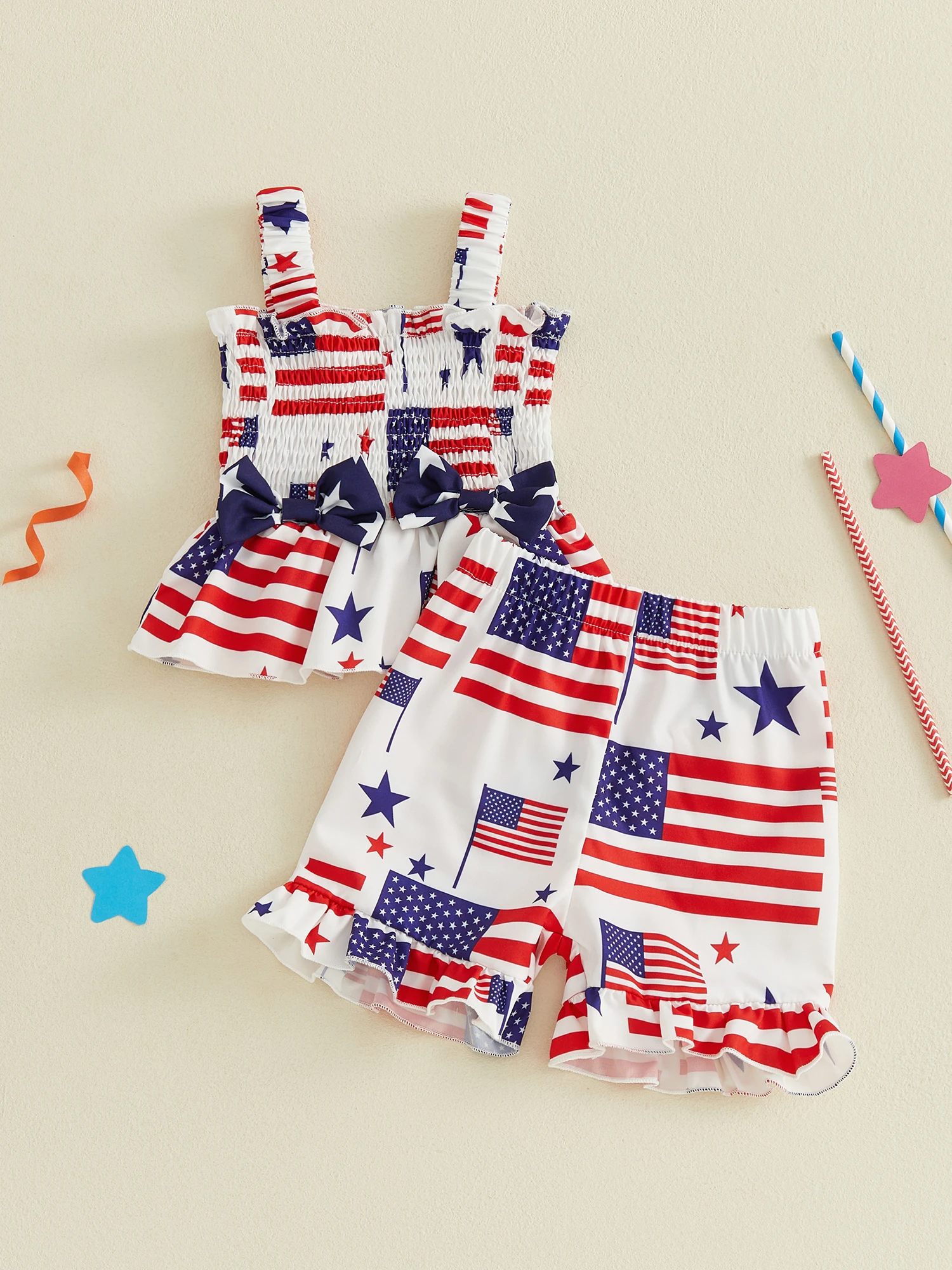 

Adorable Baby Girls Patriotic Outfits with American Flag Print Bow Tank Tops and Ruffled Shorts - Perfect 4th of July Attire