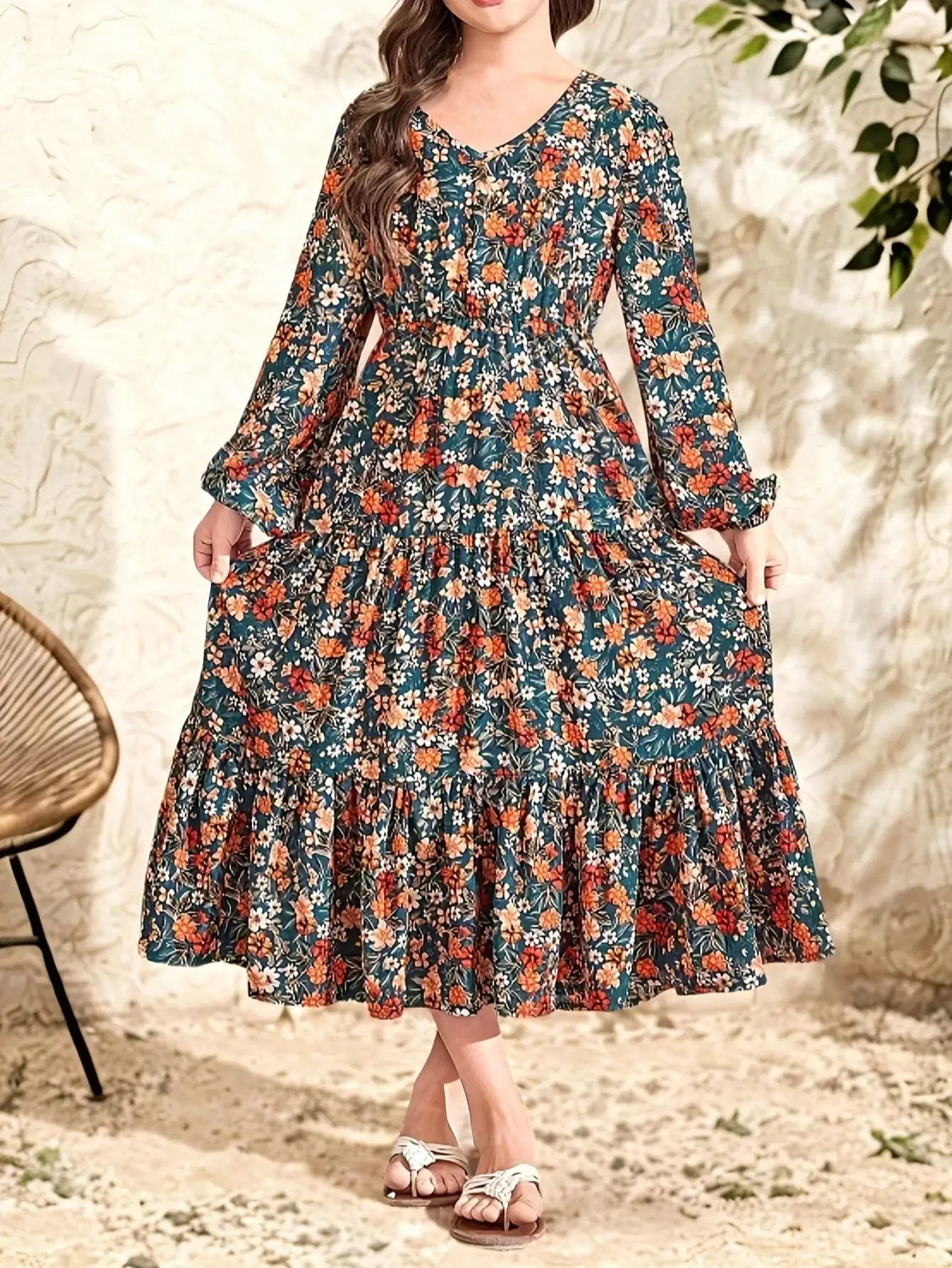 Floral V-neck Long Sleeved Jumpsuit, Elegant Green with Vibrant Floral Print, Ruffled Hem, Cinched Waist Design